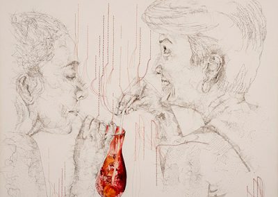 One Bourbon, One Scotch, One Beer, 2015, Hand-sewn Human Hair, Watercolor, Thread on Canvas, 20” x 30”