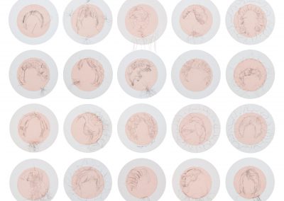 Ancestry of Anger, 2016, hand-sewn human hair on fabric, each 8” diameter